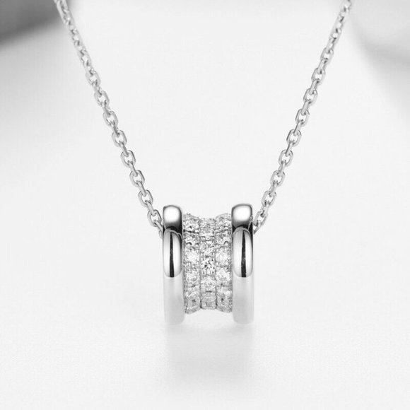 925 Sterling Silver Eternal Rolling Barrel Spool Diamond Zircon Pendant Necklace - Picture 3 of 6